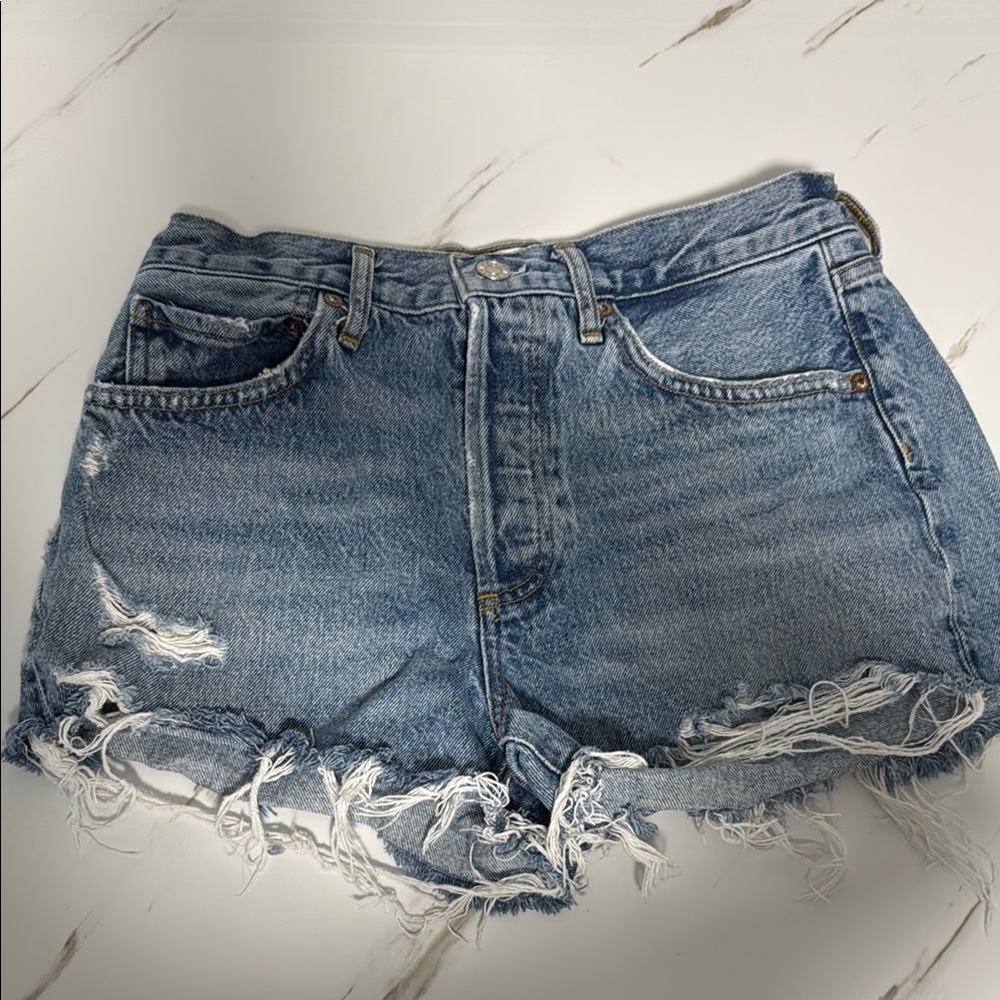 Agolde Frayed Hem Blue Jean Shorts